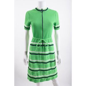 James Kenrob By Dalton Womens Knit Ribbed Dress Sz 8 Green Navy Blue Polka dot